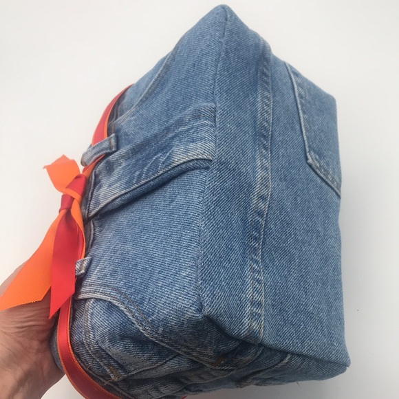 Original Denim Jean BOOTIE BAG Handbag w/Beaded Handles & Ribbons #075397 - Picture 7 of 10